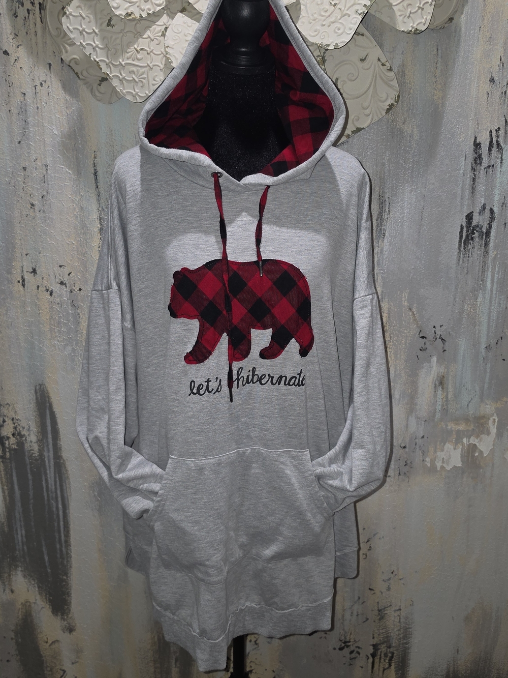 Maurices Light Gray Hoodie with Red & Black Buffalo Plaid Bear